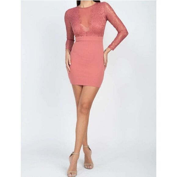 Women's Dress Long Sleeve Lace Stretch Bodycon Mini Dress Marsala Large NWT - Picture 4 of 10